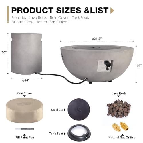2-Piece Outdoor Propane Fire Pit Table Set w/Tank Cover Table, 31.5-inch 50,000 BTU CSA Certification Bowl Concrete Firepit SUS201 Round Burner with Steel Lid, Lava Rocks, Rain Cover…