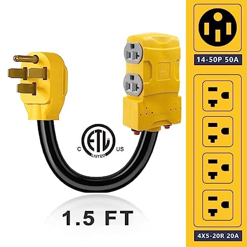 50 Amp to 20 Amp 110V RV Distribution Adapter, NEMA 14-50P to 4 X 5-20R/15R RV Generator Adapter, 4-Prong to Mutiple Household Outlet w/ 20amp Circuit Breaker, 1.5FT
