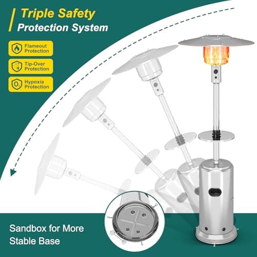 Stainless Steel Propane Patio Heater,48000BTU Outdoor Gas Heater with Ignition Systems and Wheels, Deck Heater for Backyard Garden Restaurant Cafes,Double-Layer Burner,Cover Up 200 Sq.ft