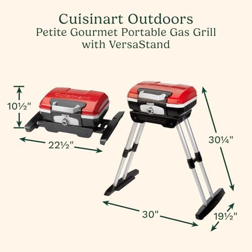 Cuisinart Petite Gourmet Portable Gas Grill with VersaStand™, Compact Tabletop BBQ, 150 Sq. In. Cooking Surface, 5,500 BTU Burner Small Gas Grill, Adjustable Telescoping Base and Carry Handles