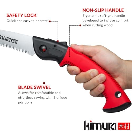Kimura 7" Pro Folding Pruning Saw - Heavy Duty Japanese SK5 Steel, 180mm Blade, Ergonomic Soft Non-Slip Handle, Lightweight Foldable Saw for Branches, Trimming, Camping, PVC, Hiking, Wood