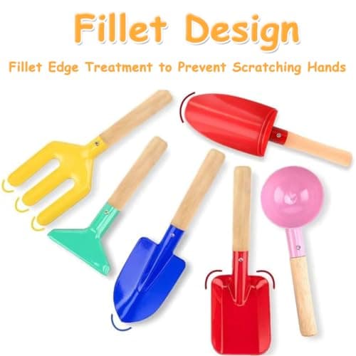 Beach Toys for Kids, 6Pcs 8'' Kids Gardening Tools Sand Toys Set, Metal Garden Tools with Sturdy Wooden Handle, Cylinder, Spoon, Fork, Rake, Flat & Pointed Shovel, Gifts for Children