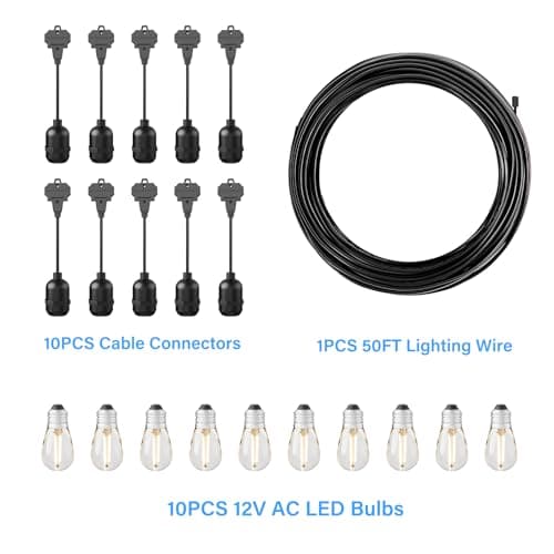 GOODSMANN LED Low Voltage String Lights 12V AC 50FT 10PCS 2W Bulbs 135 Lumens Hanging Landscape Lighting 2800K String Weatherproof Decorative Lights for Patio Lights