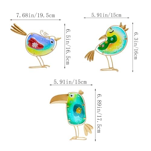 Funny Metal & Glass Bird Decor Set of 3 - Unique Colorful Indoor & Outdoor Garden Statues Whimsical Lawn Decorations Handmade Bird Sculptures Garden Decor for Outside