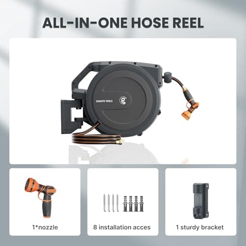 Giraffe Tools AW30 Garden Hose Reel Retractable 1/2" x 100 ft Wall Mounted Water Hose Reel Automatic Rewind, Any Length Lock, 100 ft, Dark Grey
