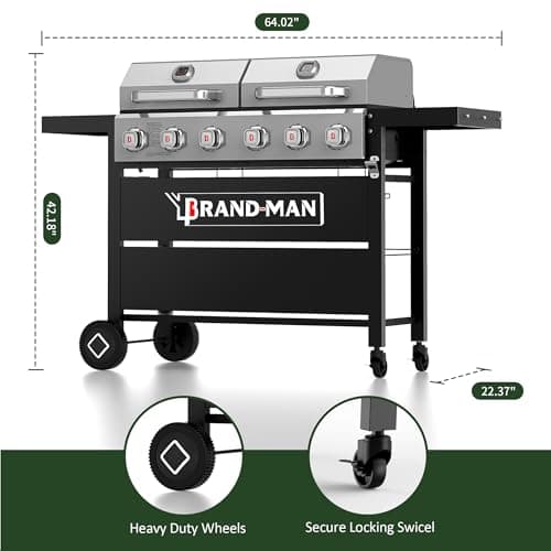Brand-Man Griddle Grill Combo 6-Burner, 2 in 1 Versatile Propane Gas Grill and Griddle with Double Lids, BBQ Combo for Outdoor Kitchen & Backyard Barbecue Cooking