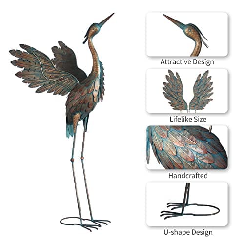Metal Heron Yard Art, Standing Garden Sculptures & Statues for Outdoor Decor, 38-42 Inch Set of 2, Copper