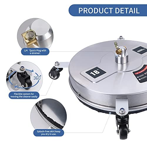 Biswing 18" Pressure Washer Surface Cleaner with 4 Wheels, Stainless Steel Power Washer Accessory for Driveways Sidewalks Patios Cleaning, 1/4" Quick Connector, 2 Extension Wand Attachments, 4000 PSI