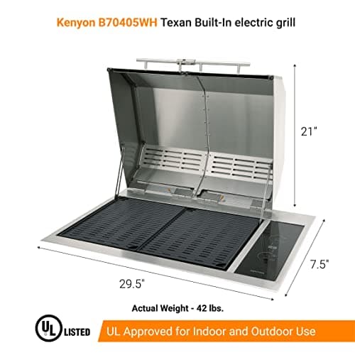 Kenyon Texan Built-In Electric Grill for Stone Counter, Standard Lite-Touch, Stainless Steel Grill with Split Lid for Indoor and Outdoor Use, 2 Burners, Quick Heat Up, Dishwasher Safe Grate, 240V