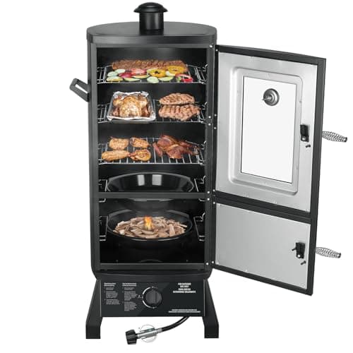 Vertical Propane Smoker with Cover, Gas Smoker Grill Outdoor Heavy Duty Three Removable Smoking Shelves with Temperature Control, Multi