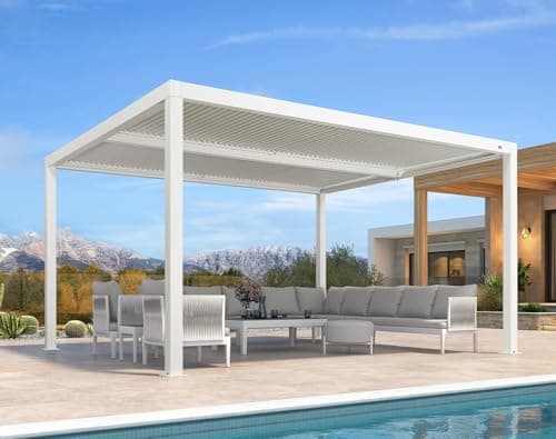 PURPLE LEAF Outdoor Louvered Pergola 12' x 14' White Aluminum Pergola Modern Shade Gazebo with 2 Independently Adjustable Rainproof Hardtop for Patio Garden Yard