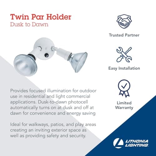 Lithonia Lighting Adjustable Dusk Dawn Security Light, Twin Par Outdoor Flood Light Holder, Photocell Sensor, 120 Volts, Uses 2 Lamps Up to 150W (Not Included), White (OFTH 300PR 120 P WH M12)