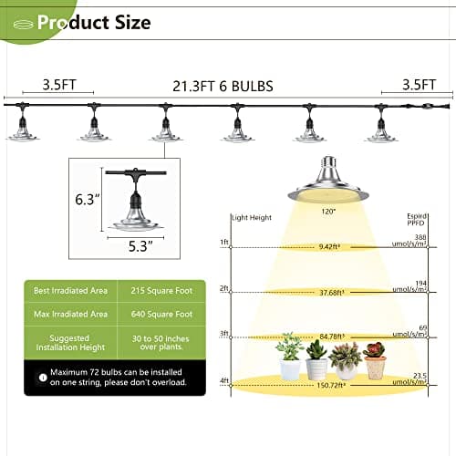 Espird Outdoor Grow Light, 6-Light Greenhouse String Grow Light, Waterproof Plant Growing Lamps, UL Certified LED Grow Lights for Greenhouse Garden, 21.3FT Full Spectrum Light for Veg Seedling Flower