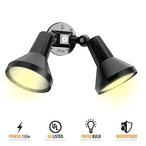 Ciata 15" Outdoor Security Flood Light 2 Head with Heavy Duty Cast Aluminum Body 150W PAR38 Weather Proof Black Finish (2 Pack)