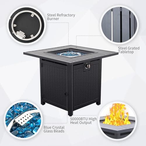 30 Inch Fire Tables 50000 BTU Outdoor Fire Pits for Outside Steel Gas Fire Table with Fire Pit Lid Grille Tabletop and Waterproof Cover and Blue Crystal Beads