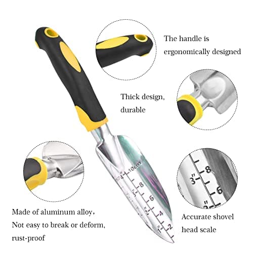 Transplanter Trowel Garden Shovel Hand Trowel Cast-Aluminum Heavy Duty Gardening Tool Depth Marker Measurement Trowel with Ergo Handle for Digging and Planting Engraved Depth Guide (Yellow)