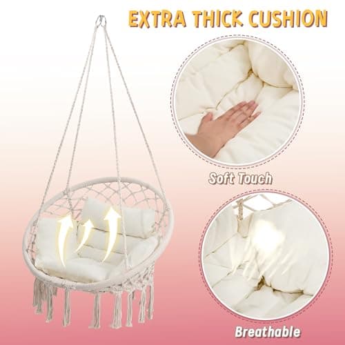 Macrame Hammock Hanging Swinging Chair with Medium Cushion, Perfect for Bedroom, Porch, Adults, Balcony, Beige