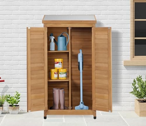 58''x30''x18'' Outdoor Wooden Storage Shed with Metal Top Tall Vertical Tool Cabinet for Backyard Garden Patio Lawn (Gold)