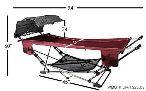 Zenithen Limited Portable Folding Metal Framed Hammock with a Retractable Canopy, Perfect for Camping, Patio, Outdoor, and Relaxing, Side Pockets Included, Red (Pack of 1)