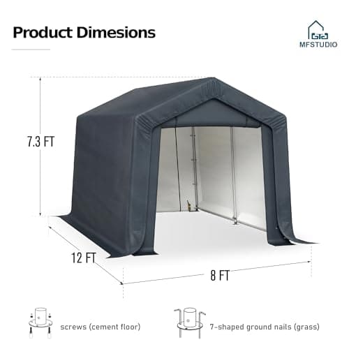 MFSTUDIO Outdoor Storage Sheds 8x12 ft, Portable Carport Shelter Garages Heavy Duty Canopy with Rolled up Zipper Doors,Outside Utility Shed Garage Tent for Motorcycle, Bicycles,Lawn mowers and Tools