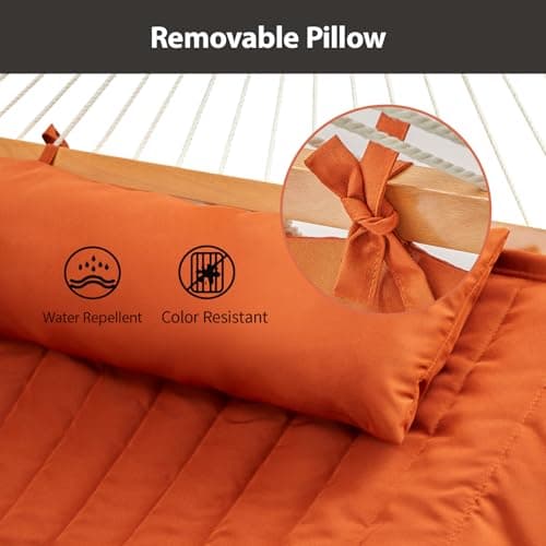 Outdoor Double Hammock with Hardwood Spreader Bars, Cotton Rope Hammock with Polyester Pad and Pillow, 475 LBS Capacity 2 Person Hammock, Large Hammock for Patio Backyard Poolside - Terracotta