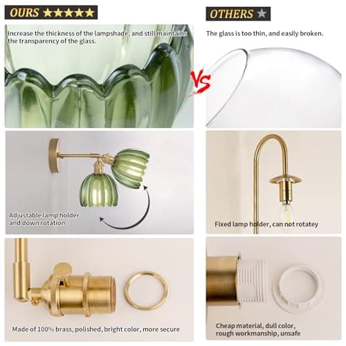 Vintage Wall Sconces with Green Tulip Glass Lampshade 180 Degree Adjustable Brass Sconces Hradwired Modern Wall Lighting Fixture with Switch for Bedside Bedroom Doorway