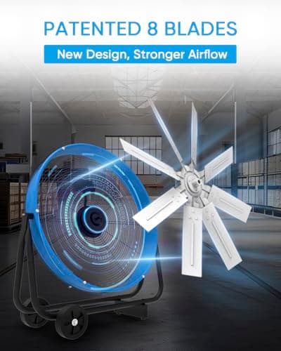 KEN BROWN 24 Inch Industrial Drum Fan, High Velocity Floor Shop Fan, Heavy Duty, 9500 CFM, 8 Blades, 3 Speeds, 360 Degree Tilt, Ideal for Industrial, Commercial, Gym, Garage Use, Blue