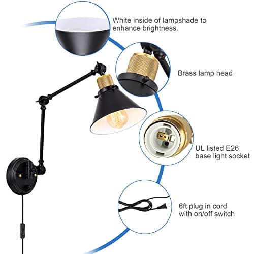 TRLIFE Wall Sconce Plug in, Dimmable Wall Sconce with Switch Swing Arm Wall Lights Plug in Wall Mounted Light Wall Sconces Lighting with 6FT Plug in Cord, E26 Base, UL Listed(Two Arms, 1 Pack)