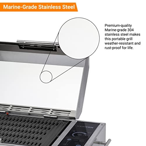 KENYON Frontier Portable Electric Grill, Single Burner With IntelliKEN Touch Control, Stainless Steel Body, Rust-Proof Grill, UL-Approved For Indoor And Outdoor Use, Dishwasher Safe Grates, 120V