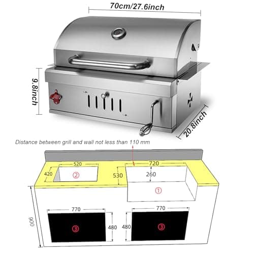 Built In Charcoal Grills Outdoor Kitchens,28-Inch Stainless Steel Charcoal bbq Grill Built In with Liftable Charcoal Tray,Insulated Hood, Temperature Gauge and Rain Fabric cover (Round Lid)