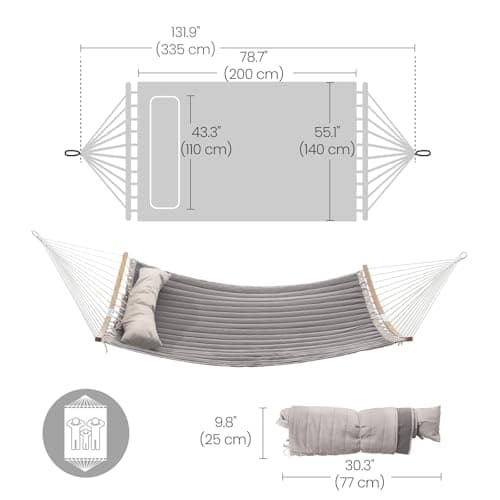 SONGMICS Hammock, Quilted Hammock with Curved Bamboo Spreaders, Pillow, 78.7 x 55.1 Inches, Portable Padded Hammock Holds up to 495 lb, Gray and Beige UGDC34CG
