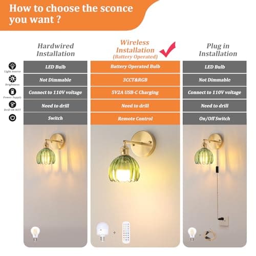 Vintage Battery Operated Wall Sconce with Green Tulip Glass Lampshade Wireless Rechargeable Battery Powered Wall Light with Remote Control for Bedside Bedroom Doorway, Set of 2