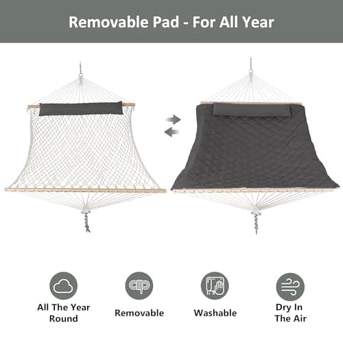 ANOW Outdoor Rope Hammock with Spreader Bars, Heavy Duty Hammock with Pad for Outdoors Indoors, 450 LBS Weight Capacity, Gray