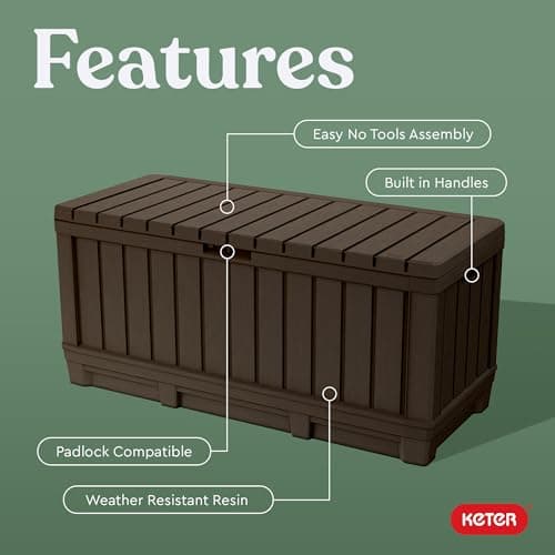 Keter Kentwood 92 Gallon Resin Deck Box-Organization and Storage for Patio Storage Box Outdoor Cushions, Throw Pillows, Garden Tools and Pool Floats, Brown