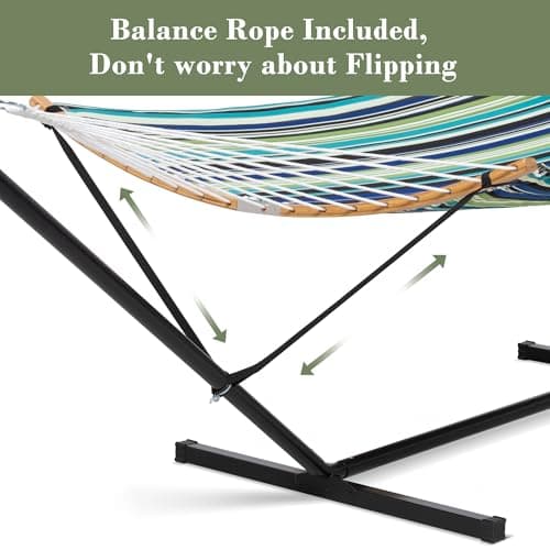 SUNCREAT Heavy Duty Double Hammock and Stand, Free Standing Two Person Hammock with Stand, Green Stripes