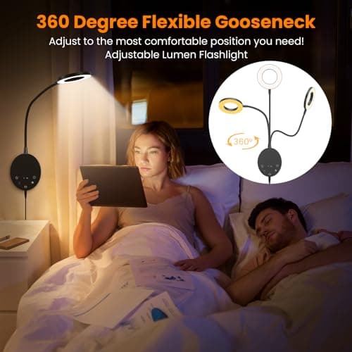 Wall Mounted Reading Light,Bedside Headboard Lights with 5 Color Temperature &5 Dimming,360°Flexible Gooseneck,USB Output, Night Light&Timer Function- Perfect for Reading (Black)
