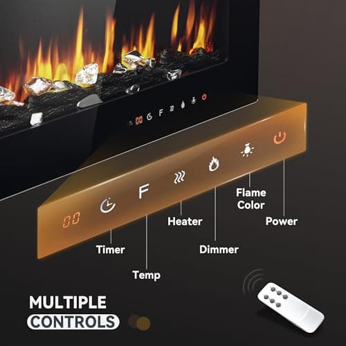 EUHOMY 50 Inch Electric Fireplace Wall Recessed and Wall Mounted with Adjustable Flame Color, Fireplace Heater with Remote Control, Linear Fireplace with Timer, Touch Screen, Log & Crystal, 750/1500W