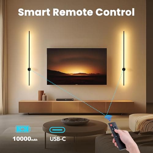 NIORSUN 40 Inch Battery Operated Wall Sconce Set of 2,Black Minimalist Rechargeable LED Wall Lights with Remote, 18 Colors Dimmable Wireless Wall Lamp for Living Room Bedroom Hallway