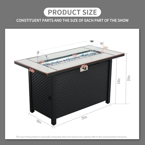 45 Inch Fire Table for Outside 60000 BTU Steel Gas Fire Pit Outdoor Fire Pit Table with Woodgrain Marble Tabletop Glass Wind Guard Cover and Blue Crystal Beads