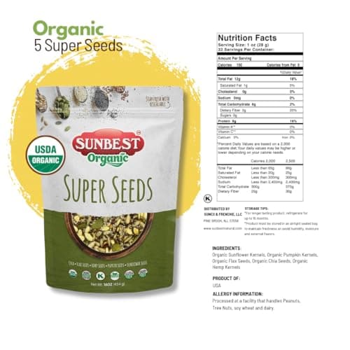 Sunbest Natural Organic Super Seeds – 2 lb (32 oz) Blend – Raw Pumpkin, Chia, Hemp, Sunflower & Flax Seeds – Vegan, Gluten-Free, Kosher – Perfect for Salad Toppings & Plant-Based Diets – 2-Pack (16 oz each)