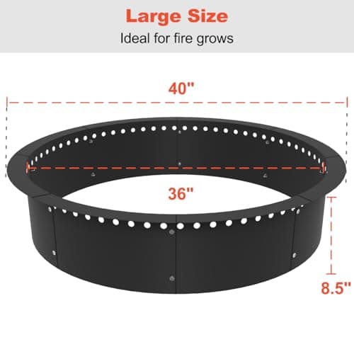 Koutemie Outdoor Smokeless Fire Pit Ring Liner 40-Inch Outer/36-Inch Inner Diameter, Heavy Duty Solid Metal Steel Round Firepit Rim Insert for Outside DIY Campfire Ring Above or In-Ground, Black