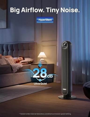 Dreo Tower Fan for Bedroom, 25ft/s Velocity 28dB Quiet Floor Fan, 90° Oscillating Fans for Indoors with 4 Speeds, 4 Modes, 8H Timer, Bladeless Standing Fan, Black, Nomad One (DR-HTF007)