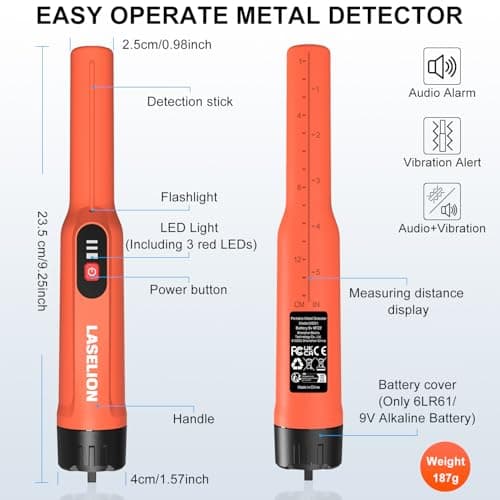 Metal Detector Pinpointer, Handheld Pin Pointer Wand Professional IP68 Fully Waterproof 360°Detection, Search Treasure Pinpointing Finder Probe with 9V Battery for Adults, Kids - Orange-MD01