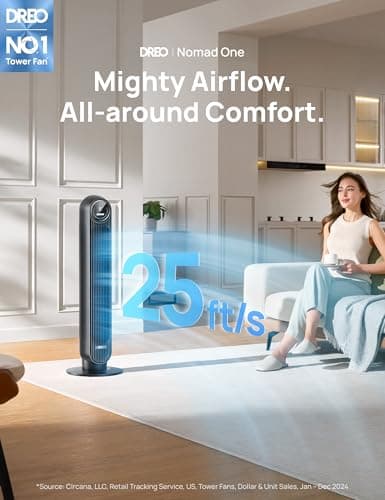 Dreo Tower Fan for Bedroom, 25ft/s Velocity 28dB Quiet Floor Fan, 90° Oscillating Fans for Indoors with 4 Speeds, 4 Modes, 8H Timer, Bladeless Standing Fan, Black, Nomad One (DR-HTF007)
