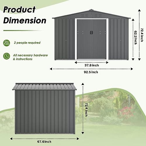 6x8 FT Outdoor Storage Shed, Metal Shed Kit with Double Doorknobs and Air Vents, Double Sloping Roof Garden Shed, Galvanized Shed with Sliding Door (Grey)