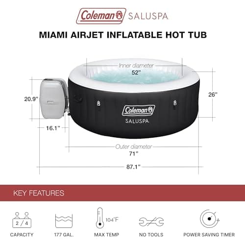 Coleman SaluSpa Miami AirJet 2 to 4 Person Round Inflatable Hot Tub Portable Outdoor Spa with 120 Soothing AirJets and Insulated Cover, Black