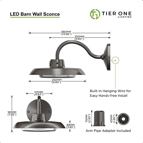 50W LED Gooseneck Barn Light 10 Inch Outdoor Farmhouse Wall Light with Dusk to Dawn Photocell Pole/Wall Mounted Area Light for Barn Garage Yard Warehouse 120VAC 4000K 5000LM UL Listed IP65 Dark Bronze