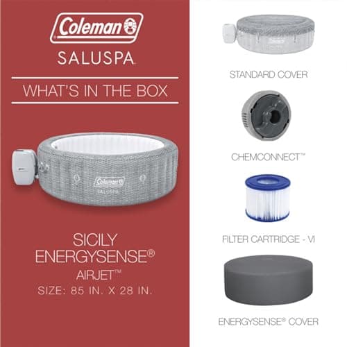 Bestway Coleman Sicily AirJet Large Round 5 to 7 Person Inflatable Hot Tub Portable Outdoor Spa with 180 AirJets and EnergySense Cover, Grey