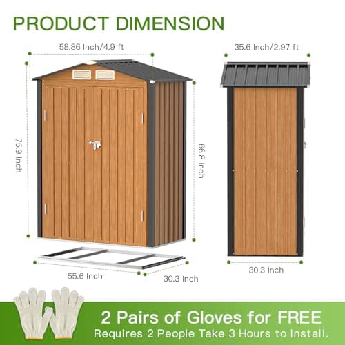 Outdoor Storage Shed, 5x3 Ft Metal Steel Tiny House with Frame Floor & Lockable Door, Vertical Outside Storage Building for Garden, Backyard, Lawn, Patio Utility, Tool Storage