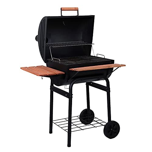 Char-Griller® Wrangler® Charcoal Grill in Black with Wood Shelves, EasyDump™ Ash Pan, Premium Wood Front and Side Shelves with Utensil Hooks, 635 Cooking Square Inches in Black, Model E2123
